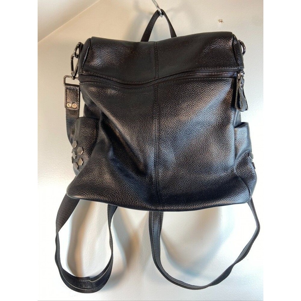 S ZONE BLACK PEBBLE LEATHER WOMENS BACKPACK LARGE 12 X 13 STUDED ACENTS BOHO